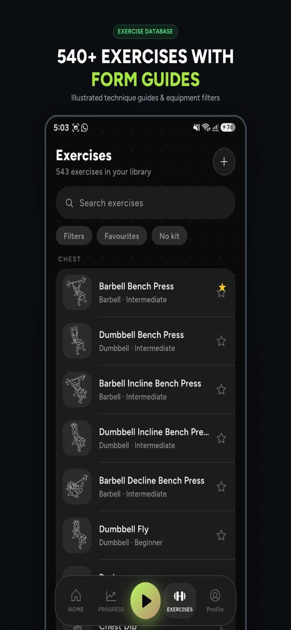 GF Track exercise database with 540+ movements, illustrated technique guides, and equipment filters