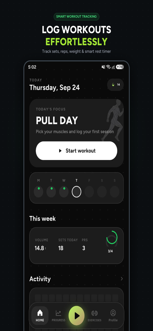 GF Track app interface showing Pull Day workout logging, volume, and weekly activity